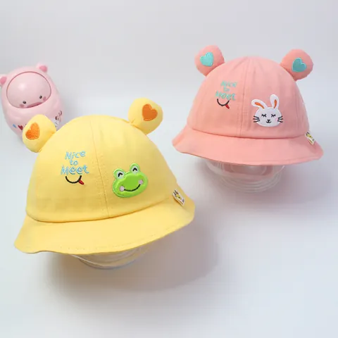 Kids Cute Cartoon Animal Bucket Hat With 3D Ears Heart Embroidery Cotton Sun Protection Fisherman Hat For Toddler Boys Girls