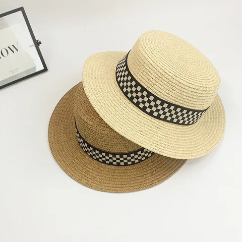 Women Kids Checkerboard Flat Top Paper Straw Hat Wide Brim Sunshade Beach Holiday Travel Parent-Child Summer Sun Hat