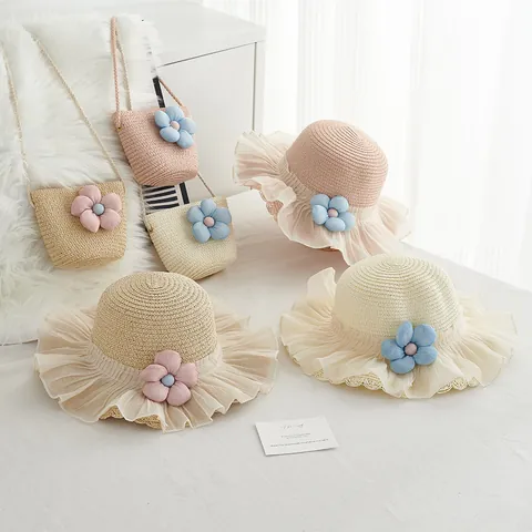 Sweet Summer Floral Straw Hat And Mini Crossbody Bag Mesh Lace Sun Protection Wide Brim Beach Accessory For Girls Women