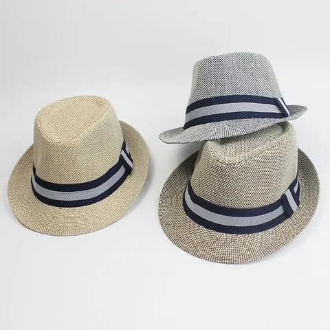 Summer Paper Straw Fedora Hat For Men Vintage British Style Short Brim Sun Protection Beach Hat With Striped Ribbon Breathable Jazz Cap