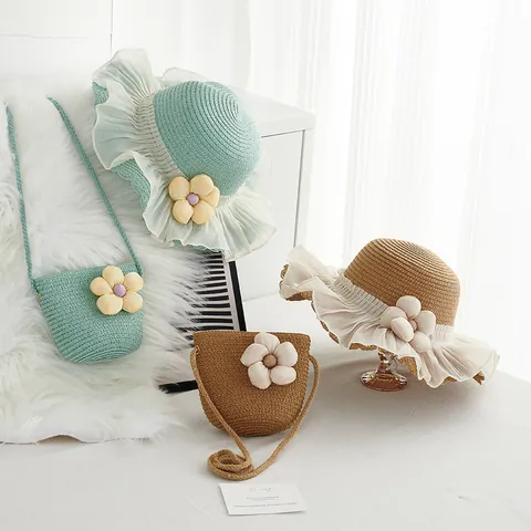 Sweet Summer Floral Straw Hat And Mini Crossbody Bag Mesh Lace Sun Protection Wide Brim Beach Accessory For Girls Women