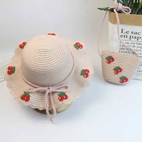 Kids Girls Straw Sun Hat With Matching Bag Set Cherry Applique Scalloped Brim Summer Beach Vacation Straw Woven Sun Protection Hat