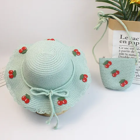 Kids Girls Straw Sun Hat With Matching Bag Set Cherry Applique Scalloped Brim Summer Beach Vacation Straw Woven Sun Protection Hat