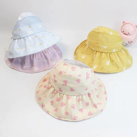 Kids Summer Sun Hat Empty Top Foldable Cotton Mesh Breathable Rabbit Carrot Print Beach Hat For Girls Adjustable