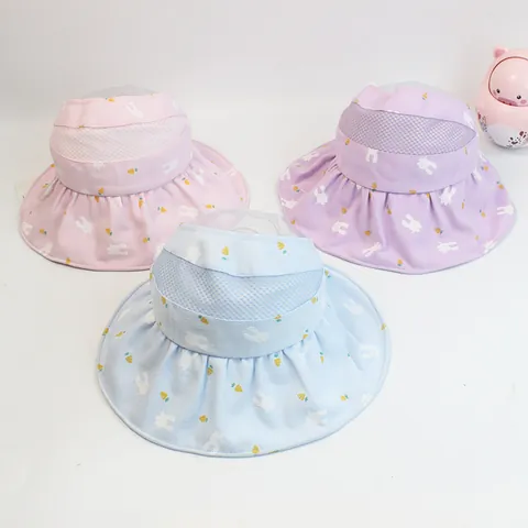 Kids Summer Sun Hat Empty Top Foldable Cotton Mesh Breathable Rabbit Carrot Print Beach Hat For Girls Adjustable