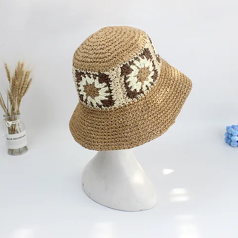 Women Handmade Crochet Sunflower Paper Straw Bucket Hat Summer Beach Sun Shade Bohemian Granny Square Flower Fisherman Hat