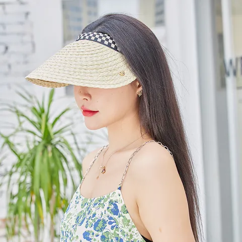 Women Summer Faux Raffia Straw Sun Visor Hat Checkerboard Stripe Open Top Wide Brim Sunscreen Beach Travel Foldable Cap