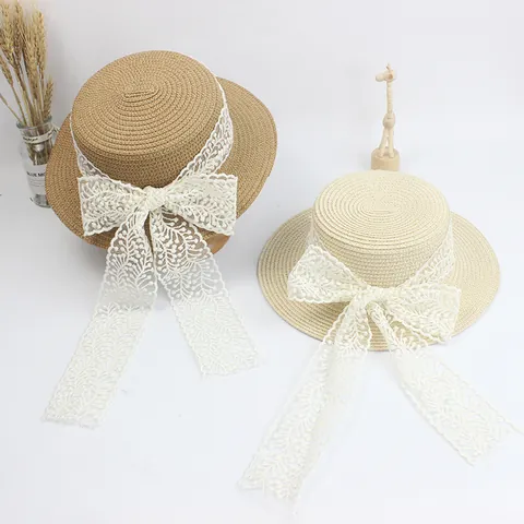 Women's Vintage Flat Top Boater Straw Hat With Large Lace Bow Ribbon Sun Protection Woven Summer Beach Travel Holiday Hat