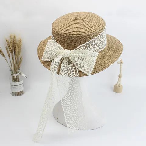 Women's Vintage Flat Top Boater Straw Hat With Large Lace Bow Ribbon Sun Protection Woven Summer Beach Travel Holiday Hat