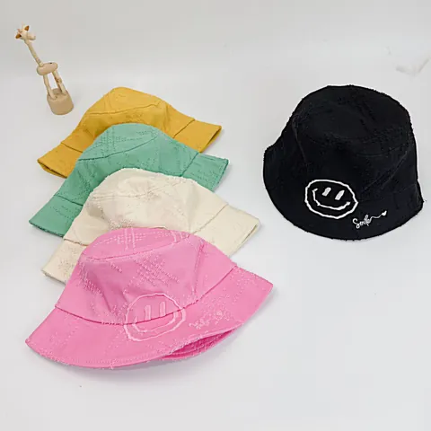 Cappello da Pescatore per Bambini in Cotone Con Ricamo Faccina Sorridente Bordo Sfrangiato Cappello da Sole per Bimbi e Bimbe Casual