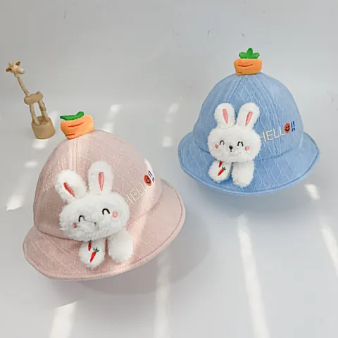 Cute Baby Bucket Hat Soft Cotton Cartoon Rabbit Carrot Decor Toddler Sun Hat For Boys Girls Hello Embroidery Fisherman Cap