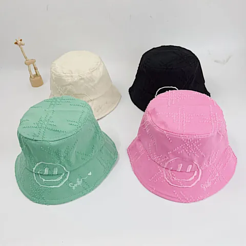 Cappello da Pescatore per Bambini in Cotone Con Ricamo Faccina Sorridente Bordo Sfrangiato Cappello da Sole per Bimbi e Bimbe Casual