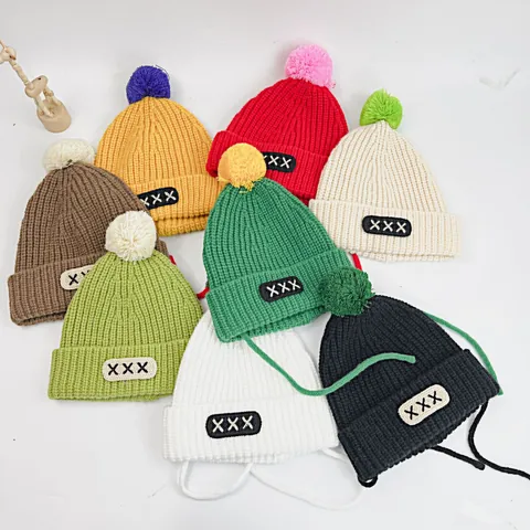Children's Knit Pom Pom Hat Acrylic Warm Winter Beanie With Tie Straps For Boys Girls Toddler Korean Style Candy Color Hat