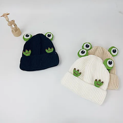 Cartoon Frosch Kinder Strickmütze Warm Winter Acryl Beanie Mit 3D Augen Buchstabenbestickung Für Jungen Mädchen Kleinkinder Outdoor Daily Wear