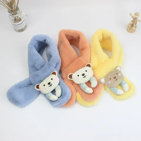 Kids Winter Plush Scarf With 3D Cartoon Bear Warm Faux Rabbit Fur Neck Warmer Soft Crossover Scarf For Boys Girls