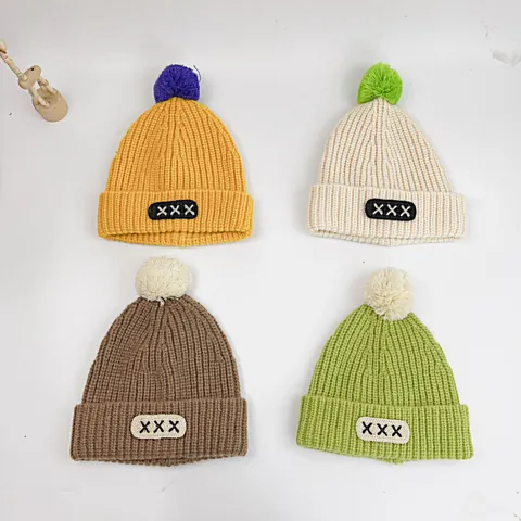 Children's Knit Pom Pom Hat Acrylic Warm Winter Beanie With Tie Straps For Boys Girls Toddler Korean Style Candy Color Hat