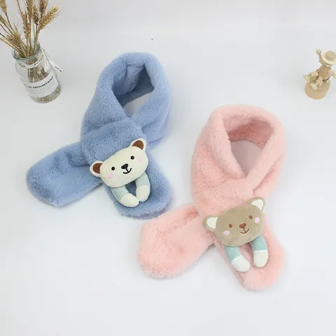 Kids Winter Plush Scarf With 3D Cartoon Bear Warm Faux Rabbit Fur Neck Warmer Soft Crossover Scarf For Boys Girls
