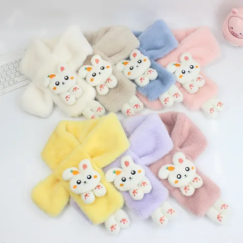 Kids Cartoon Rabbit Plush Scarf Winter Warm Neck Warmer For Boys Girls Soft Polyester Scarf With 3D Rabbit Doll Decoration