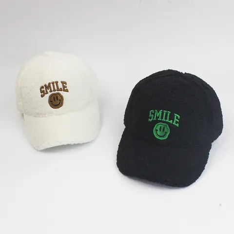 Kinder Winter Sherpa Fleece Baseballkappe Smile Gesicht Buchstaben Stickerei Warm Teddy Samt Verstellbar Sonnenhut Für Jungen Mädchen