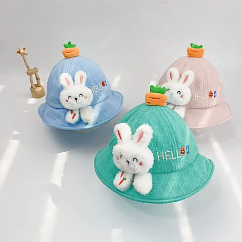 Cute Baby Bucket Hat Soft Cotton Cartoon Rabbit Carrot Decor Toddler Sun Hat For Boys Girls Hello Embroidery Fisherman Cap