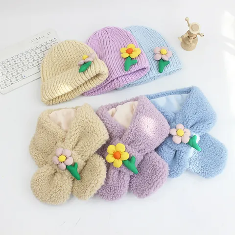 Toddler Girls Winter Knit Hat And Plush Scarf Set 3D Flower Decor Candy Color Acrylic Polyester Beanie Neck Warmer Accessories