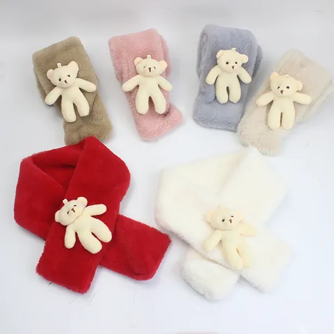 Kids Cute Cartoon Bear Plush Scarf Faux Rabbit Fur Thickened Warm Neck Warmer Cross Scarf For Children Boys Girls Winter Autumn Accessories
