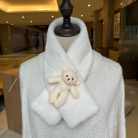 Kids Cute Cartoon Bear Plush Scarf Faux Rabbit Fur Thickened Warm Neck Warmer Cross Scarf For Children Boys Girls Winter Autumn Accessories