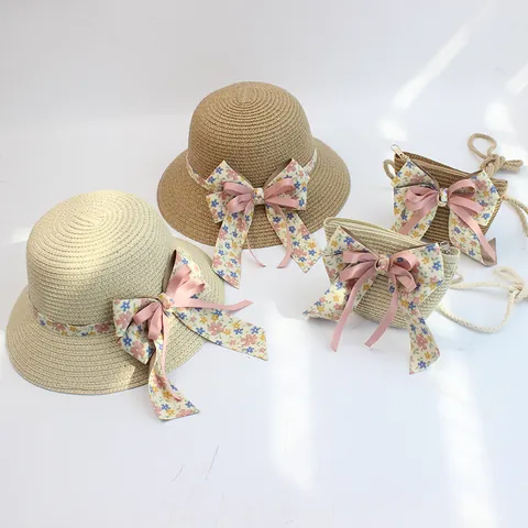 Mädchen Kinder Sommer Papierstroh Sonnenhut Breite Krempe Strandhut Mit Blumen Schleife Passende Kleine Umhängetasche Prinzessin Stil