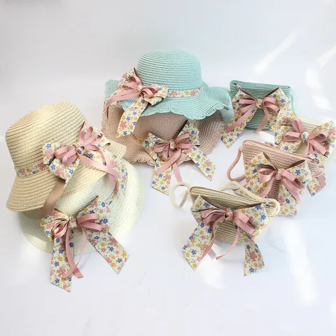 Mädchen Kinder Sommer Papierstroh Sonnenhut Breite Krempe Strandhut Mit Blumen Schleife Passende Kleine Umhängetasche Prinzessin Stil