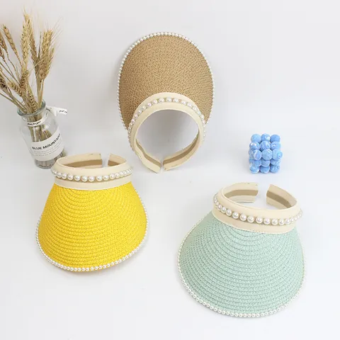 Women Kids Artificial Pearl Straw Open Top Sun Hat Elegant Woven Visor Wide Brim Sun Protection Cap For Summer Beach Vacation Outdoor