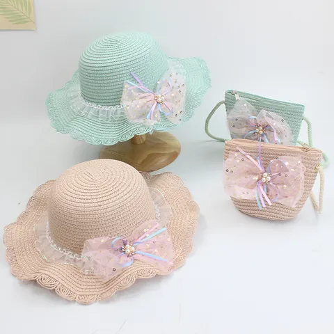Kids Straw Hat And Bag Set Girls Summer Beach Sun Protection Hat With Mesh Bow Artificial Pearls Sequin Princess Woven Sun Hat