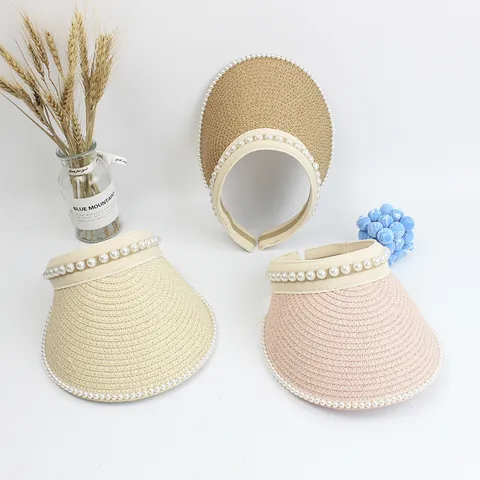 Women Kids Artificial Pearl Straw Open Top Sun Hat Elegant Woven Visor Wide Brim Sun Protection Cap For Summer Beach Vacation Outdoor