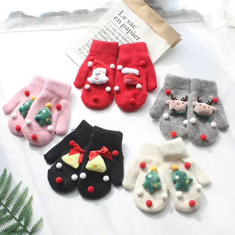 Christmas Knitted Mittens For Women Kids Thick Warm Fleece Lined Winter Gloves 3D Santa Elk Tree Bell Decoration Xmas Gift