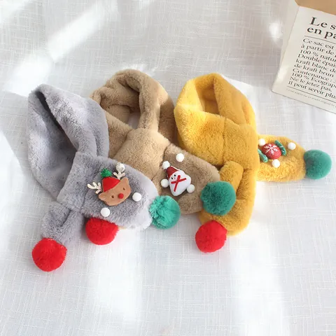 Kids Winter Plush Faux Rabbit Fur Scarf Christmas Cartoon Santa Reindeer Pattern Thickened Snood Boys Girls Gift