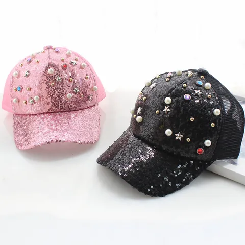 Berretto da Baseball con Paillettes e Strass per Donna Bambini Perla Artificial Stella Decorata Retro in Mesh Cappello da Sole Traspirante Regolabile Trucker Hat