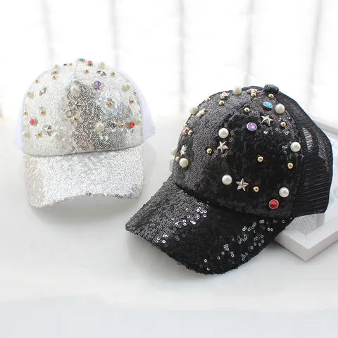 Berretto da Baseball con Paillettes e Strass per Donna Bambini Perla Artificial Stella Decorata Retro in Mesh Cappello da Sole Traspirante Regolabile Trucker Hat