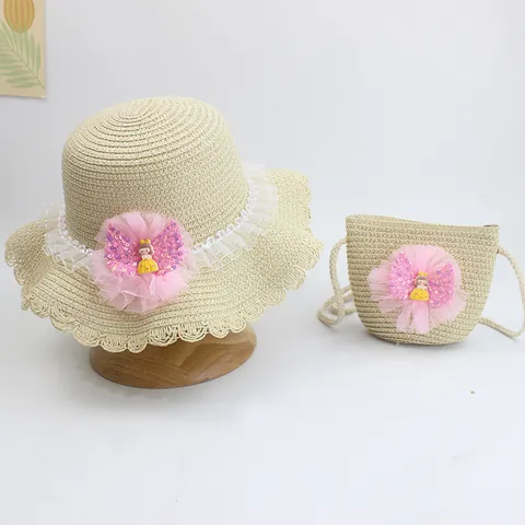 Kids Straw Hat And Bag Set Girls Summer Beach Sun Protection Hat With Mesh Bow Artificial Pearls Sequin Princess Woven Sun Hat