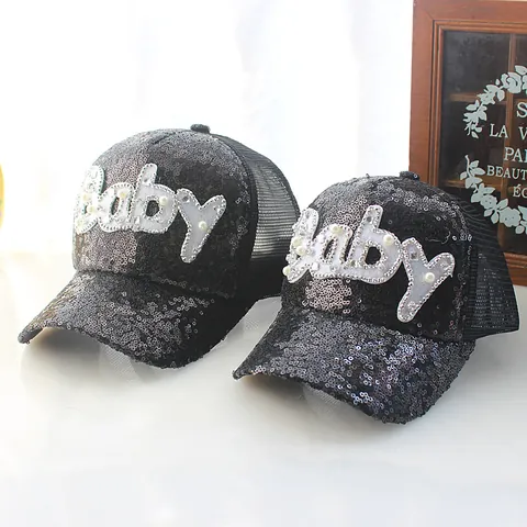 Kids Sequin Mesh Baseball Cap Breathable Sunshade Hat With Artificial Pearl Rhinestone Baby Letter Decor For Toddlers Boys Girls