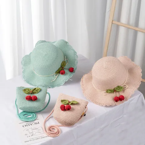 Summer Straw Hat And Crossbody Bag Set Cherry Decor Wavy Brim Sun Protection For Girls Women Beach Vacation Accessory