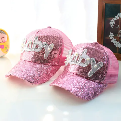 Kids Sequin Mesh Baseball Cap Breathable Sunshade Hat With Artificial Pearl Rhinestone Baby Letter Decor For Toddlers Boys Girls