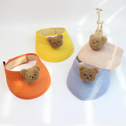 Cappello Visiera Parasole Bambini in Paglia di Carta Con Orsetto di Peluche Pieghevole Intrecciato Protezione Solare Spiaggia