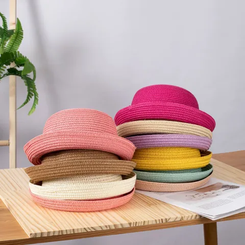Cappello da Sole in Paglia di Carta a Bordo Arrotolato Genitore-Figlio Per Bambini Donna Traspirante Protezione UV Spiaggia Vacanza Paglia Fedora