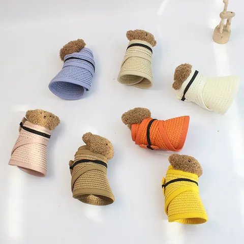 Cappello Visiera Parasole Bambini in Paglia di Carta Con Orsetto di Peluche Pieghevole Intrecciato Protezione Solare Spiaggia