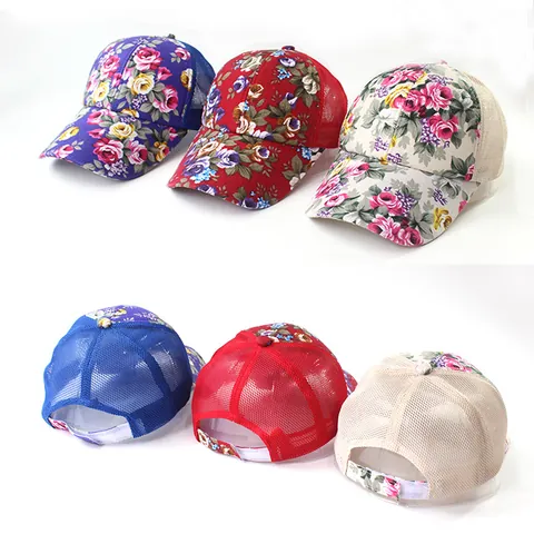 Damen Baseballkappe mit Blumenmuster Vintage Rose Baumwolle Segeltuch Mesh Trucker Hut Atmungsaktiv Verstellbarer Sonnenhut Outdoor Reisen