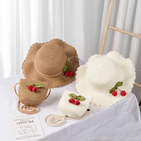 Summer Straw Hat And Crossbody Bag Set Cherry Decor Wavy Brim Sun Protection For Girls Women Beach Vacation Accessory