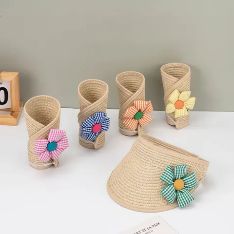 Visera de Paja de Verano para Niñas Sombrero Plegable Floral De Cuadros Sombrilla de Playa para Niños Protección UV Exterior