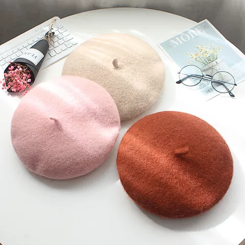 Japanese Style Wool Beret Women Kids Solid Color Warm Painter Hat Vintage Artist Cap Autumn Winter Fashion Headwear Accessory