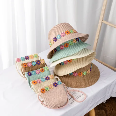 Kinder Süßer Blumen Strohhut Und Passende Kleine Tasche Sommer Strand Breite Krempe Sonnenschutz Kappe Für Mädchen Damen Reise Outdoor