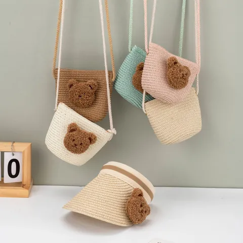 Kids Cute Bear Paper Straw Empty Top Hat And Small Crossbody Bag For Sun Protection Beach Sunshade Toddler Girls Boys