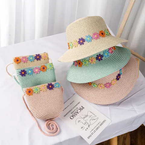 Kinder Süßer Blumen Strohhut Und Passende Kleine Tasche Sommer Strand Breite Krempe Sonnenschutz Kappe Für Mädchen Damen Reise Outdoor